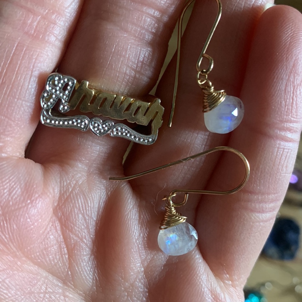 Hebrew AHAVAH set Gold plated ring size 8 & rainbow moonstone earrings